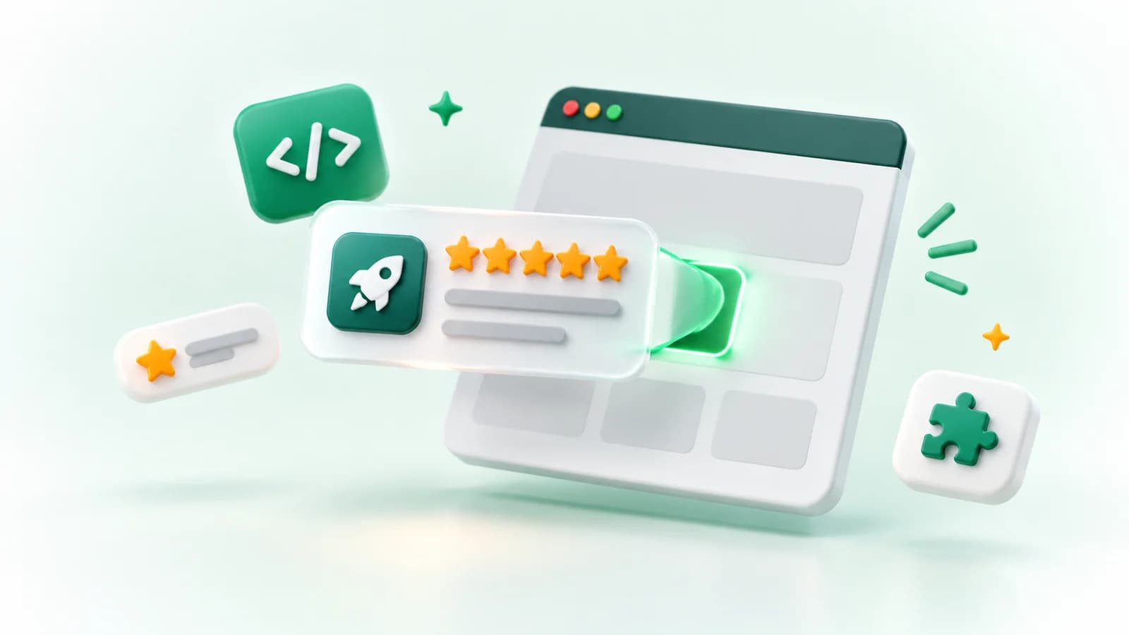 A floating review card with stars being plugged into a simple website, with a code tile and a rating badge beside it