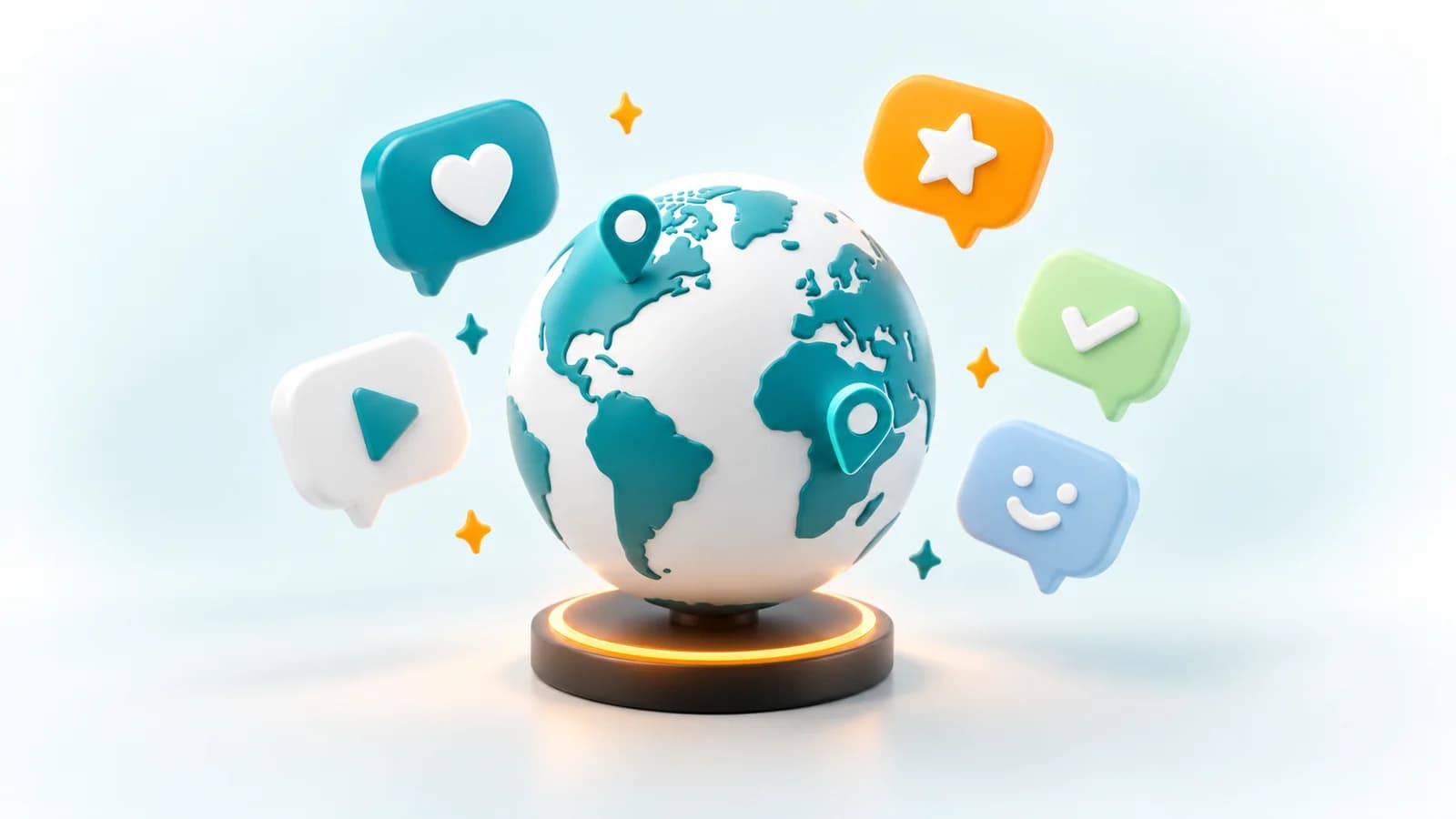 A clay globe on a stand, surrounded by colorful speech bubbles with simple symbols and two map pins