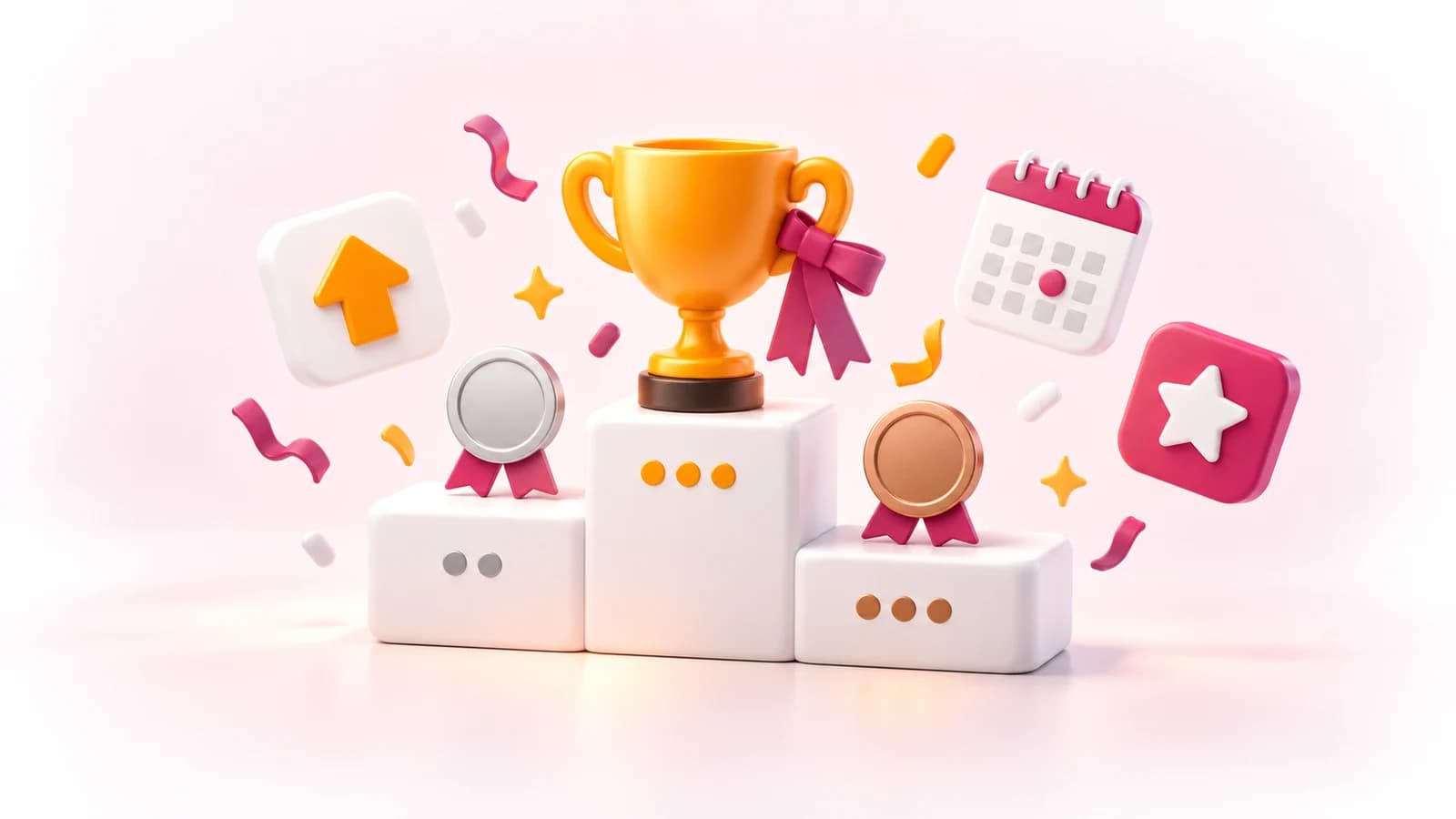 A white podium with an amber trophy and two medals, surrounded by an upvote arrow, a calendar tile and confetti